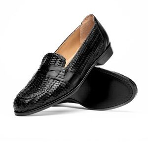Zelli Italia Nicola Black Woven Calfskin Penny Loafers Handmade Italy Men 10.5M
